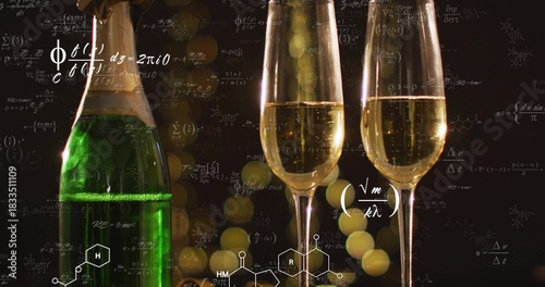 Showing green champagne bottle and two flutes with bubbles on bar, with scientific notations