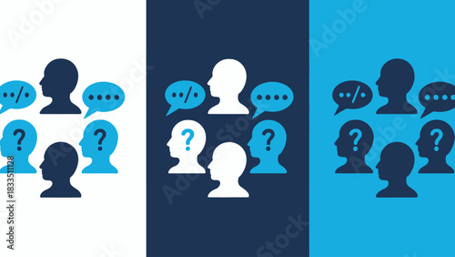 Diverse Perspectives and Communication Flow in Business and Society with Question Marks and Speech Bubbles