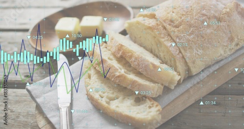 Showing crusty sliced loaf on wooden board at table, with butter dish, knife and chart overlay