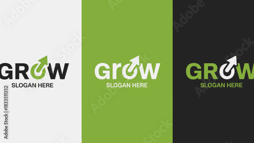 Company Growth Logo Design with Arrow Icon Three Background Variations Corporate Branding and Visual Identity Solutions