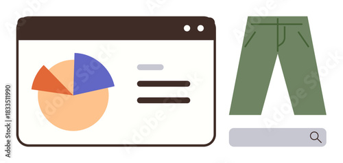 Pie chart analysis on browser window alongside green pants and search bar. Ideal for data analysis, marketing, retail insights, fashion, consumer behavior, online shopping, simple flat metaphor