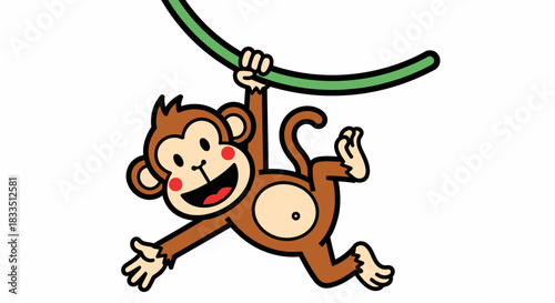 Cartoon monkey hanging from a vine enjoying its playfulness in a vibrant illustration