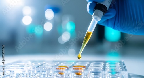 Scientist hand pipetting yellow liquid into microtiter plate for scientific research and medical discovery