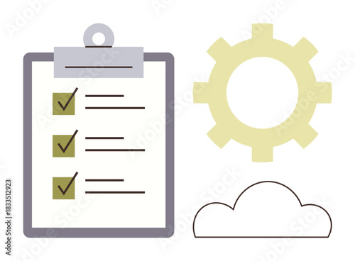 Clip chart with checkboxes, gear, and cloud icon for process optimization and strategy. Ideal for project management, organization, efficiency, digital transformation, cloud computing, strategic