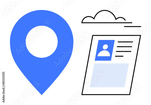 Location and personal identification. Map pin icon and personal ID symbol convey identity and geolocation connection. Useful for navigation, address verification, identity tracking, and online