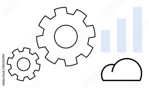 Cloud computing concept. Cloud computing linked with process gears and growth bars showing innovation in data management. Cloud computing for efficiency, innovation, business, technology