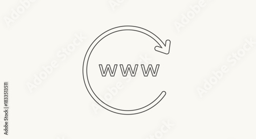 Flat minimal WWW globe icon with a circular arrow. A simple line art symbol for internet, web browser, and global network connectivity concepts