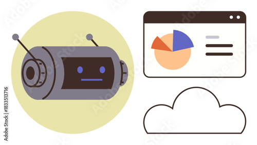 Robot head with expressionless face, cloud outline, and web dashboard with pie chart. Ideal for AI, data analysis, cloud computing, technology, automation innovation futuristic simplicity. Flat