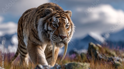 A magnificent saber-toothed tiger traversing a mountainous terrain with an intimidating presence