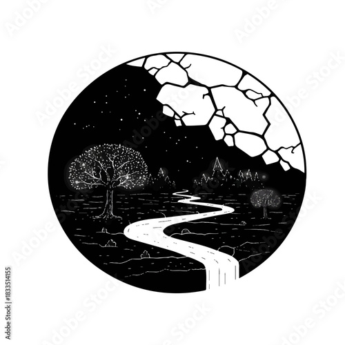 Surreal landscape with cracked moon and winding river.