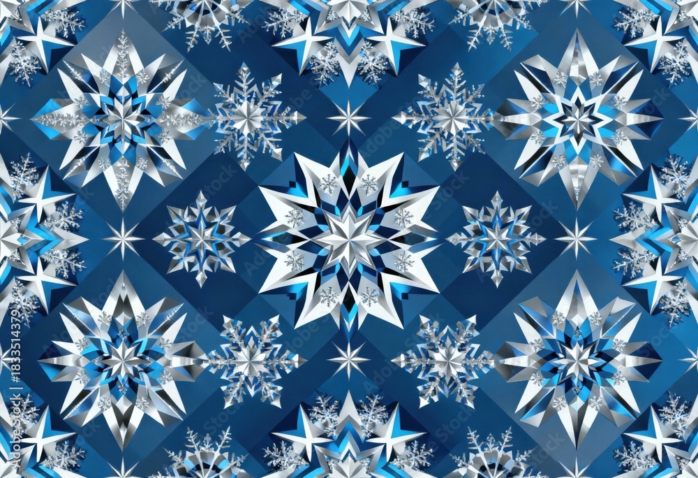 Fototapeta premium Intricate Blue and Silver Snowflakes with Geometric Patterns and Glittering Details on Dark Blue Background