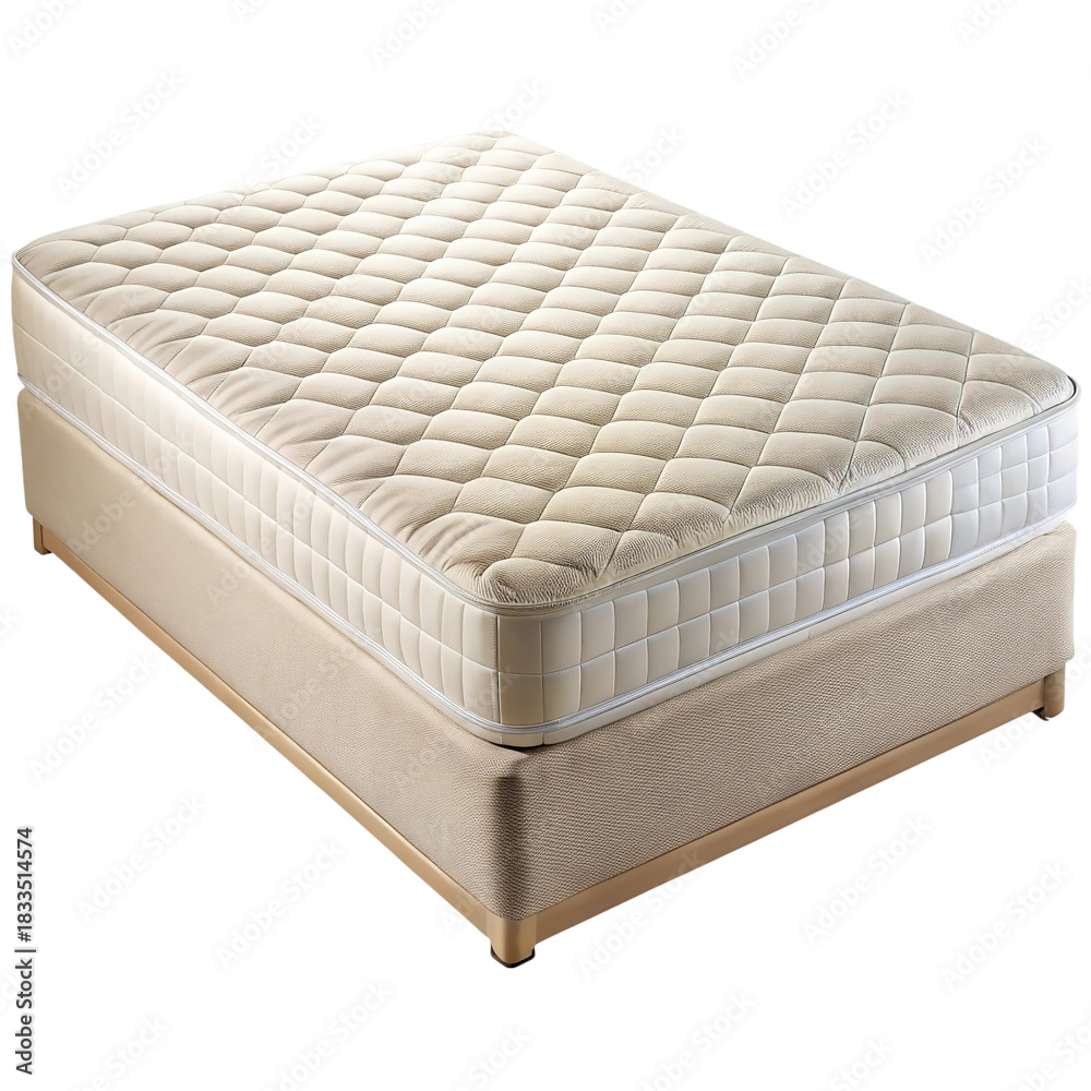 Obraz premium A plush and comfortable quilted mattress with a box spring base isolated on transparent background
