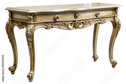 Ornate antique gilded console table with carved details and marble top isolated on transparent background