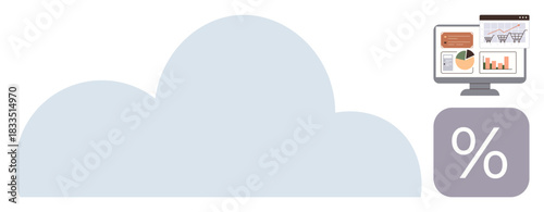 Cloud element, monitor displaying charts, and percentage icon represent data storage, cloud computing, analytics, and progress. Ideal for technology, analysis, business forecasting efficiency
