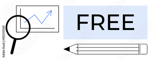 Business analytics, marketing research, education tools, data , free learning, creativity. Magnifying glass with chart, FREE text pencil. Business analytics and marketing research visual