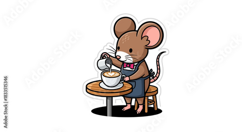 Adorable cartoon mouse barista pouring milk into a cup of coffee artfully crafted  showing  skills