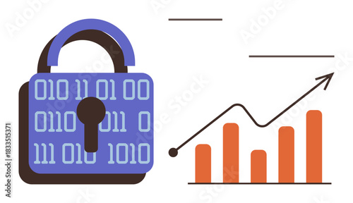 Blue lock with binary code and a keyhole beside upward bar graph symbolizing cybersecurity, data protection, and growth. Ideal for technology, privacy, finance, analytics, innovation, digital