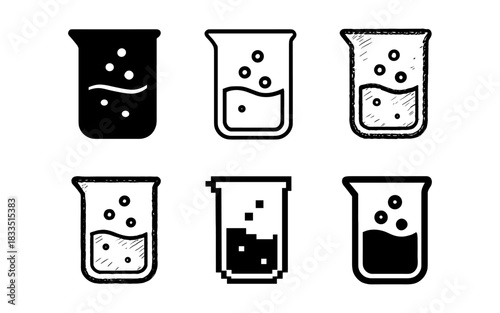 Diverse beaker icon set in various styles for science illustrations