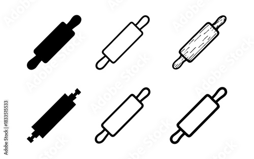 Set of diverse rolling pins: silhouette, outline, linear, flat designs for culinary and baking projects