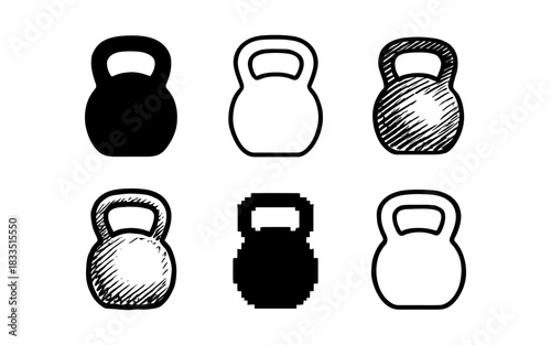 Vintage kettlebell set featuring sketch, silhouette, and pixel art styles