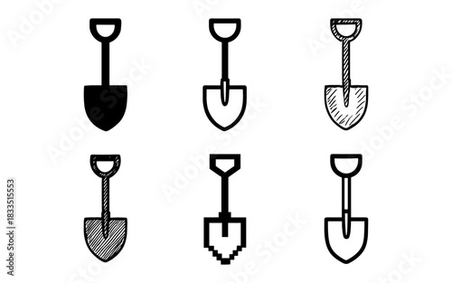Set of six stylish shovel icons in various artistic styles