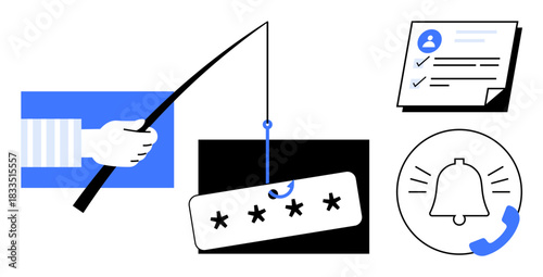 Fishing rod hook with password, user profile with checklist, bell for reminder notification, and phone symbol. Ideal for cybersecurity, personal data protection, identity theft, alerts, digital