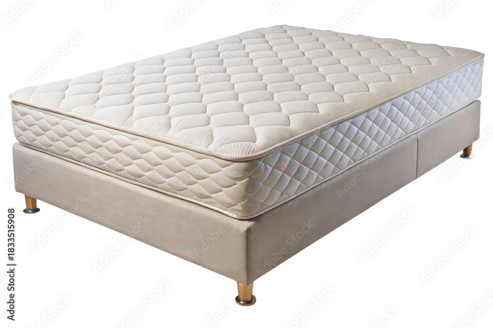 Obraz premium A comfortable quilted mattress and box spring set with wooden legs isolated on transparent background