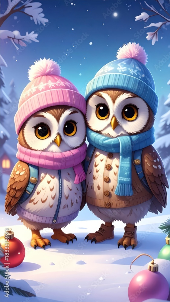 Fototapeta premium Two adorable cartoon owls, warmly dressed, stand together in a snowy winter scene.