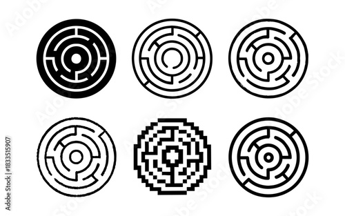 Circular maze designs: minimalist and pixel art styles set