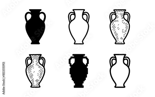 Set of ancient greek vase designs in various silhouette and line art styles