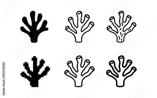 Diverse coral shapes in silhouette and outline styles for marine design