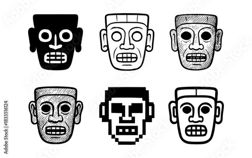 Set of abstract aztec faces in bold linear and pixel art styles