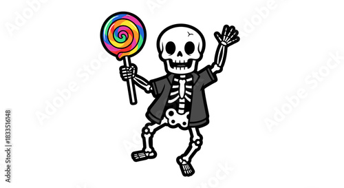 Cartoon skeleton with colorful lollipop waving, perfect for Halloween themes and joyful designs