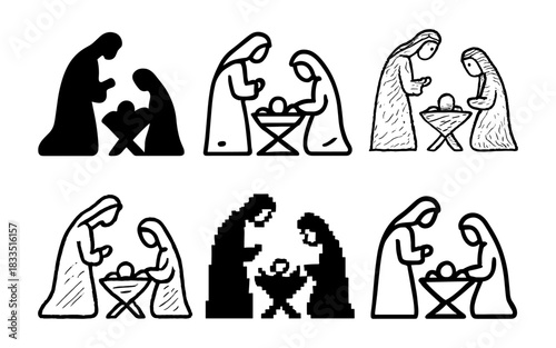Nativity scene in diverse artistic styles: traditional biblical christmas imagery