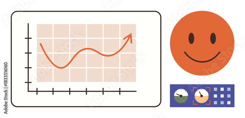 Graph with upward trend, orange happy face, and dashboard indicators. Ideal for business growth, analytics, success, goal tracking, performance, positivity simple flat metaphor