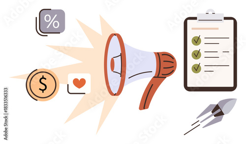 Megaphone amplifying icons of percentage, currency, heart, checklist, and rocket. Ideal for marketing, advertising, communication strategy goals business growth branding. A simple flat metaphor