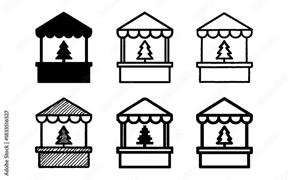 Obraz premium Stylized vendor stalls with christmas trees in various icon styles