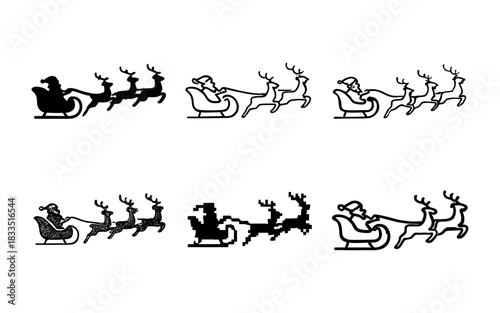 Santa sleigh silhouette variations with reindeer in six unique styles