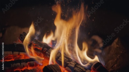 Close-up torch fire with floating ash embers in the dark, creating an intense dramatic cinematic atmosphere.