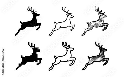 Diverse deer shapes in six unique styles: silhouette, linear, doodle, pixel, outline, sketch