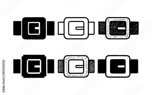 Simple seat belt buckle designs: solid and outline style representation