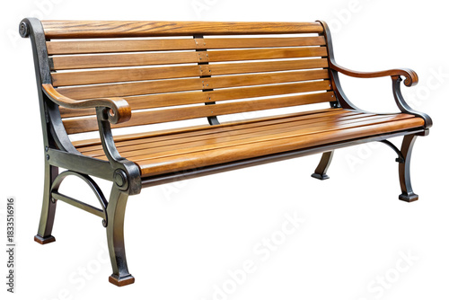 Classic wooden park bench with ornate metal frame isolated on transparent background
