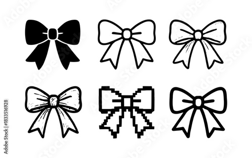 Various bow designs in black and white line art and pixel styles