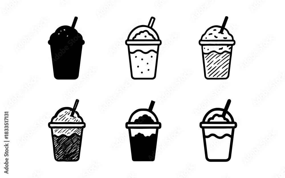 Fototapeta premium Minimalist black and white icons of iced beverages with straws