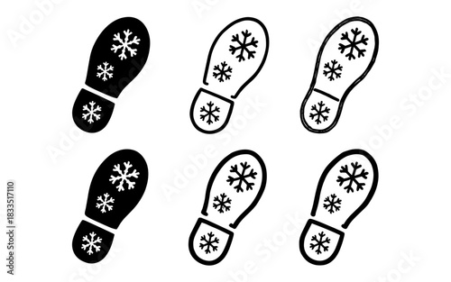 Snowflake footprints set: winter shoe track stamps in black and white style