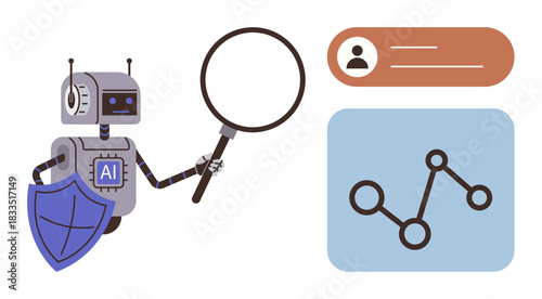 AI-powered robot holding magnifying glass, exploring user profile and analyzing data points. Ideal for artificial intelligence, data analysis, cybersecurity, machine learning, user insights