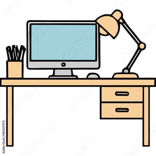 Minimalist Beige Desk Setup With a Light Blue Computer Monitor and Adjustable Lamp in a Clean Workspace