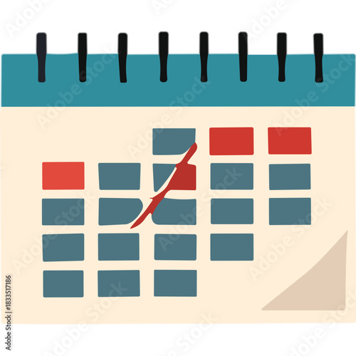 Minimalist Calendar Icon With Red Marked Dates And Diagonal Line On Cream Paper With Teal Binding And Black Spiral Binding On A Black Background