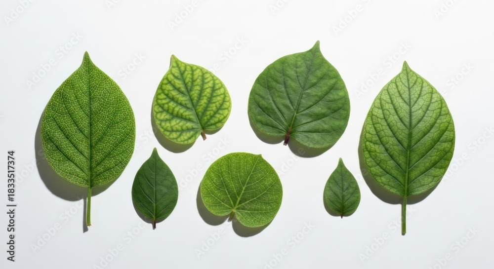 Naklejka premium Assorted green leaves, different shapes and sizes, arranged on a white surface
