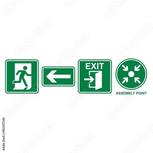 Emergency Exit, Assembly Point Signage Safety and Evacuation Icons for Workplace and Public Spaces